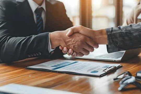Business meeting handshake over contract document with charts and pen on a wooden table.