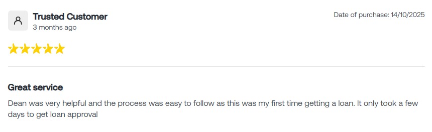 Five-star customer review praising Dean's helpfulness in simplifying the loan process for quick approval.