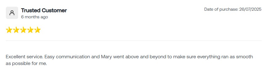 5-star review from a trusted customer highlighting excellent service and smooth communication, dated 26/07/2025.