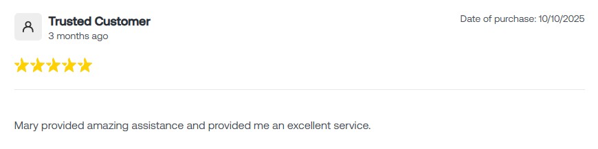 5-star customer review praising excellent service by Mary, dated 10/10/2025, from a trusted customer.