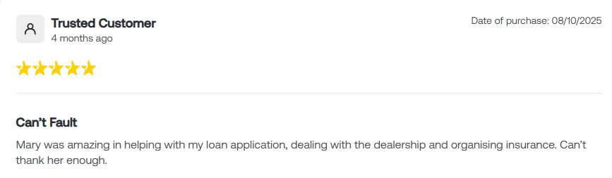 5-star review praising Mary for excellent service in loan application, dealership assistance, and insurance organization.