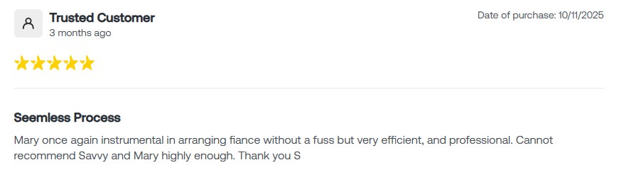5-star review praising seamless finance arrangement process by Savvy and Mary, efficient and professional service.