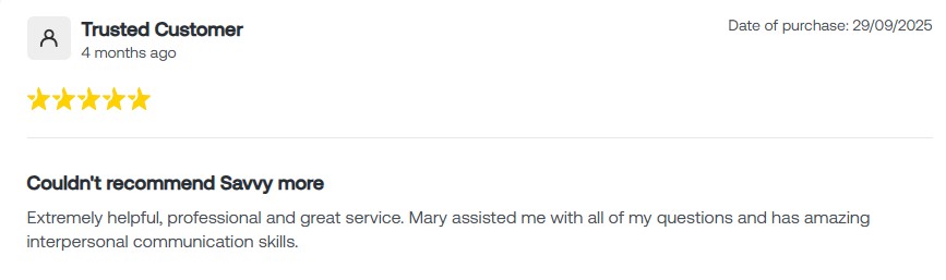 Five-star customer review praising Mary for outstanding service and communication skills, posted four months ago.